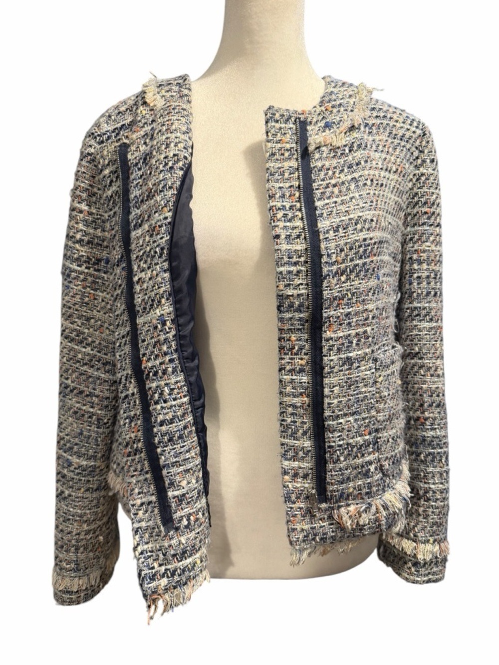 J. Crew Tweed Lady Jacket Multicolor Zip Up Pockets Fringe Fully Lined Size 10 - Picture 5 of 9